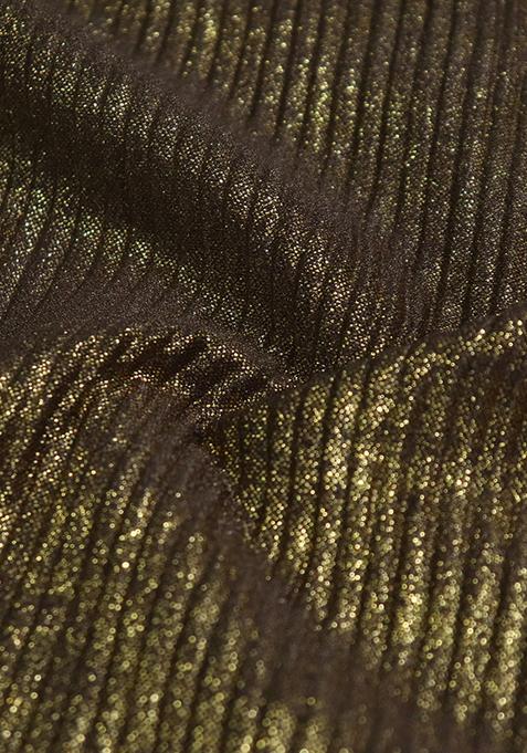 Green Solid Pleated Foil Knit Pre Draped Saree Set