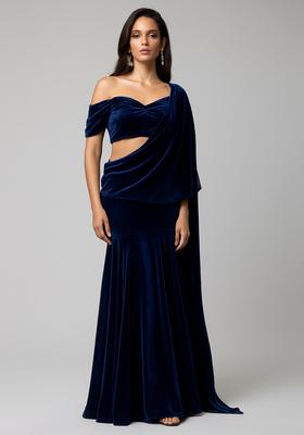 Dark Blue Solid Velvet Pre Draped Saree Set
