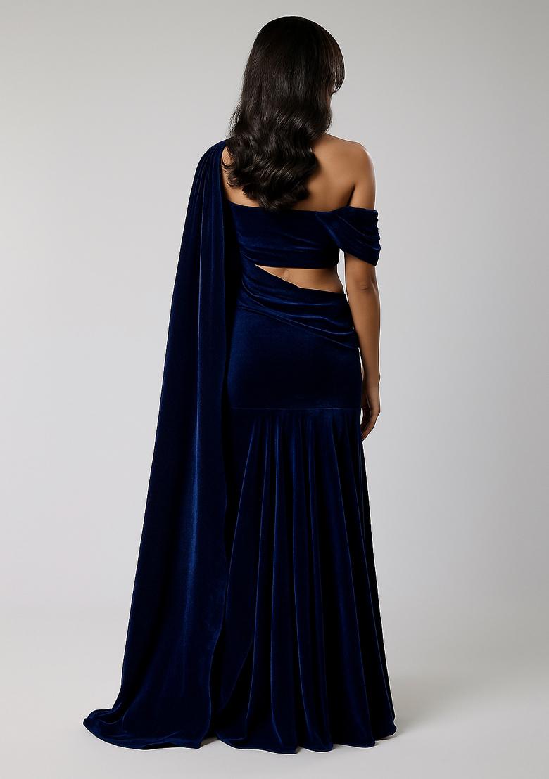 Dark Blue Solid Velvet Pre Draped Saree Set - Indya