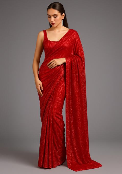 Red Sequin Net Pre Draped Saree Set