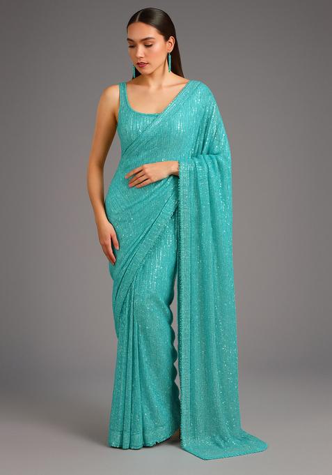 Sky Blue Sequin Net Pre Draped Saree Set