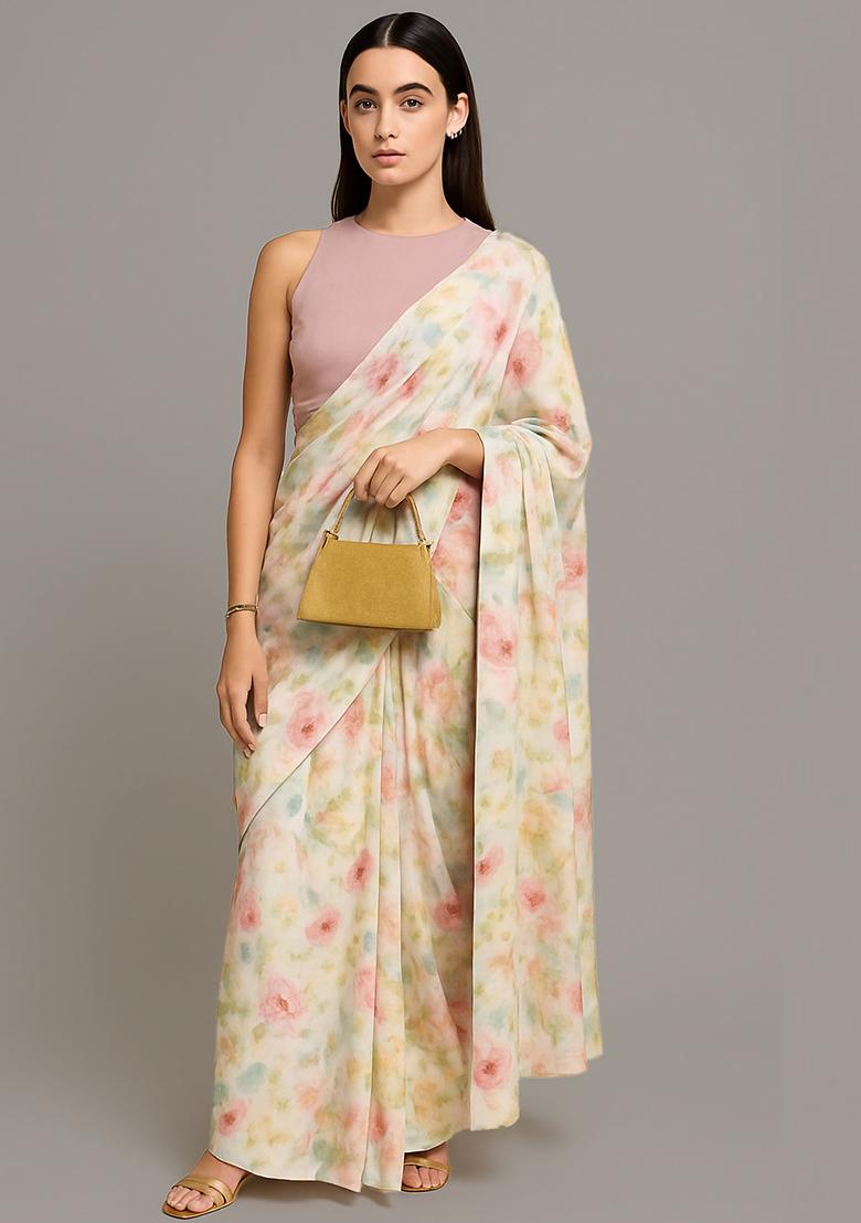 Multicolor Printed Satin Pre Draped Saree Set