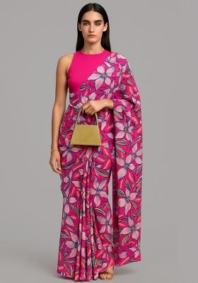 Pink Printed Satin Pre Draped Saree Set