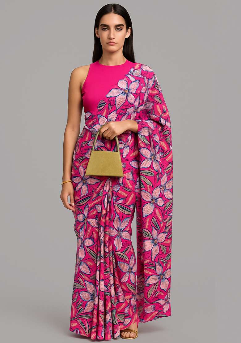Pink Printed Satin Pre Draped Saree Set - Indya