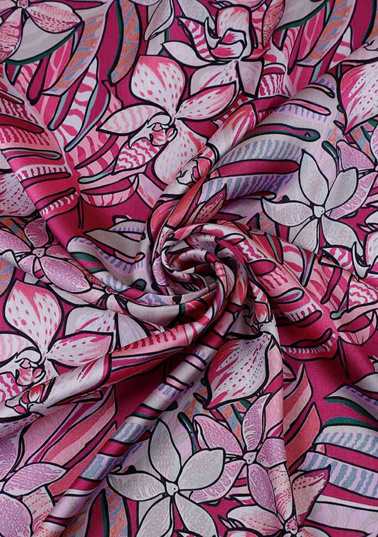 Pink Printed Satin Pre Draped Saree Set - Indya