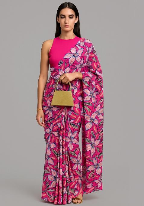 Pink Printed Satin Pre Draped Saree Set
