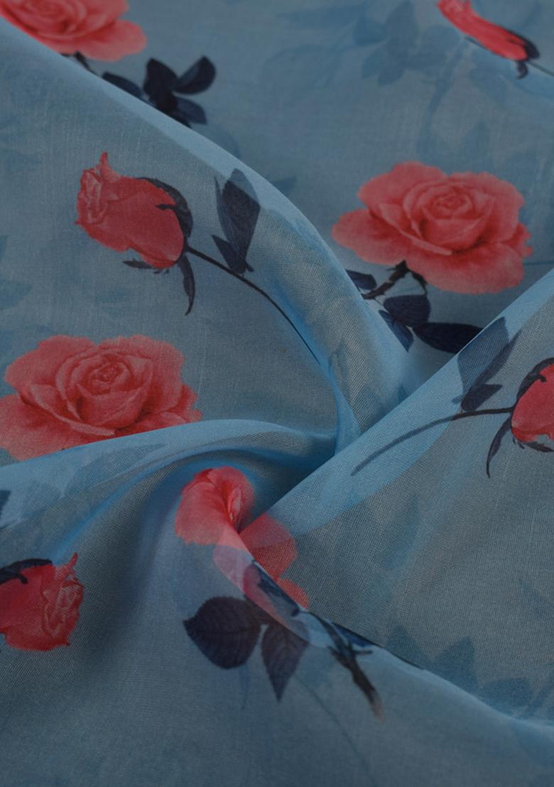 Blue Printed Organza Pre Draped Saree Set