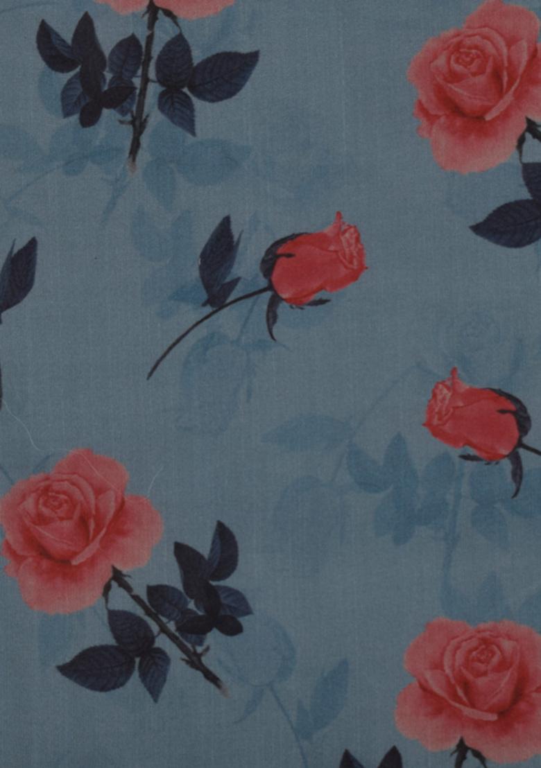 Blue Printed Organza Pre Draped Saree Set