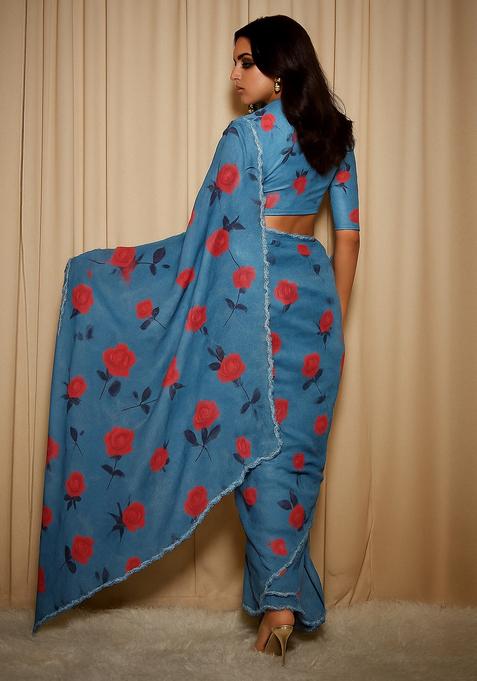Blue Printed Organza Pre Draped Saree Set