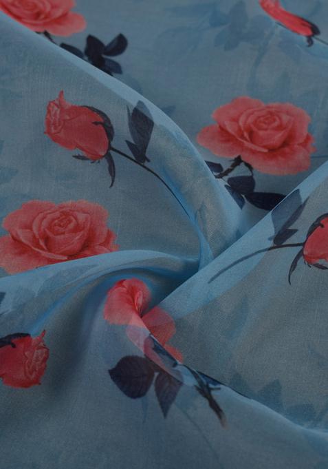 Blue Printed Organza Pre Draped Saree Set