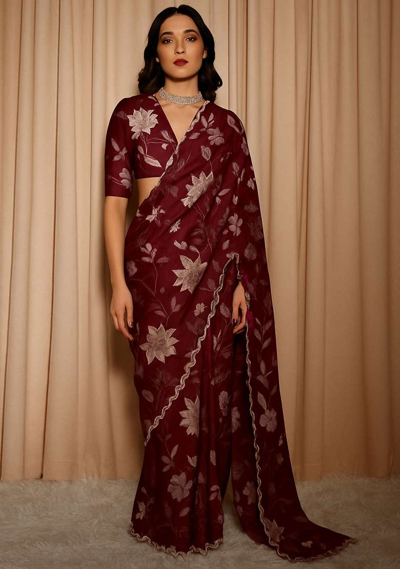 Red Printed Organza Pre Draped Saree Set - Indya
