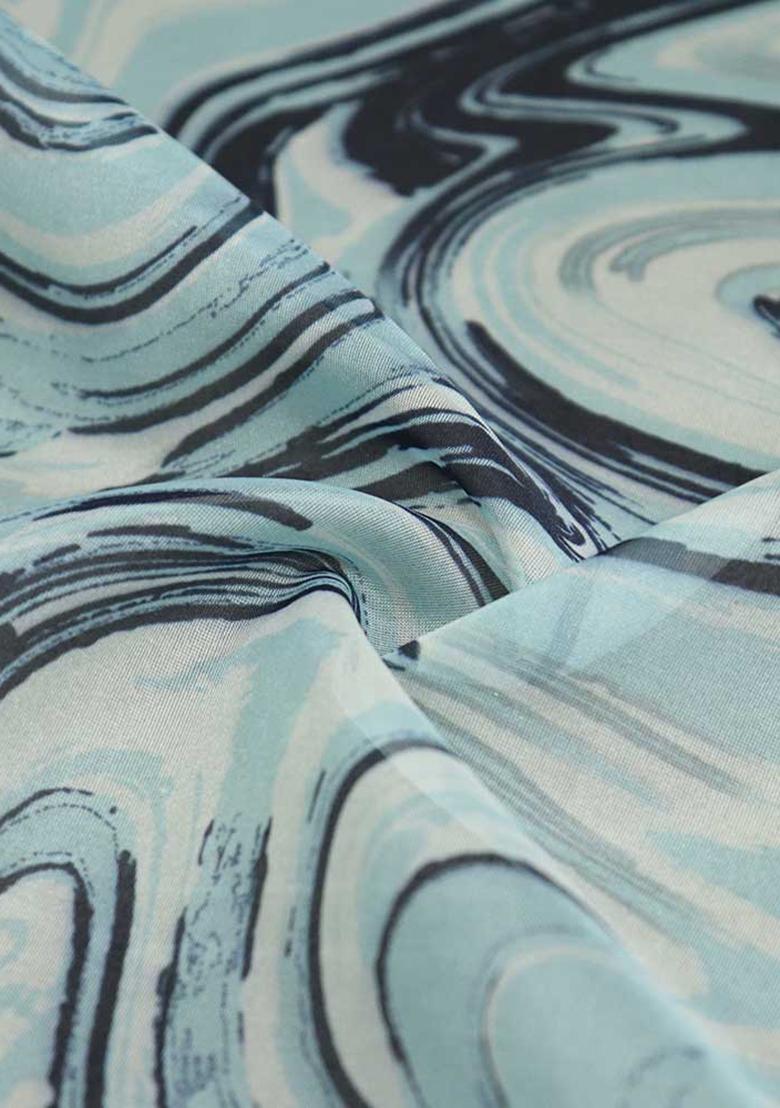 Light Blue Printed Organza Pre Draped Saree Set