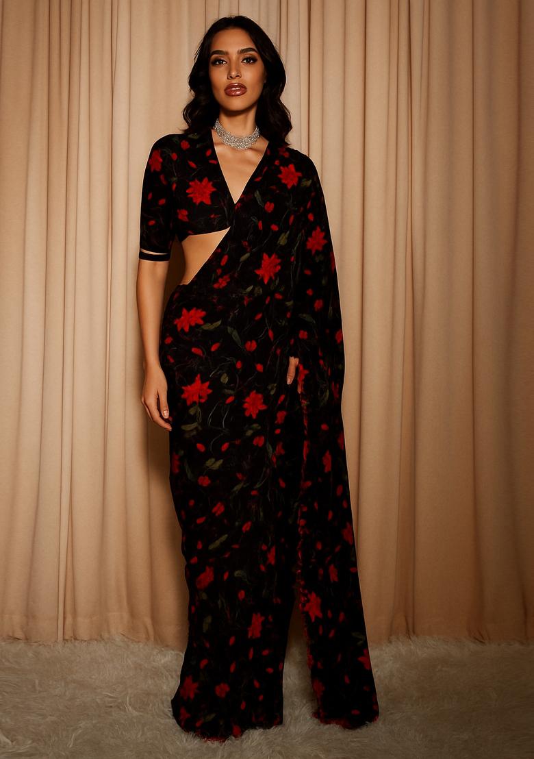 Black Printed Organza Pre Draped Saree Set