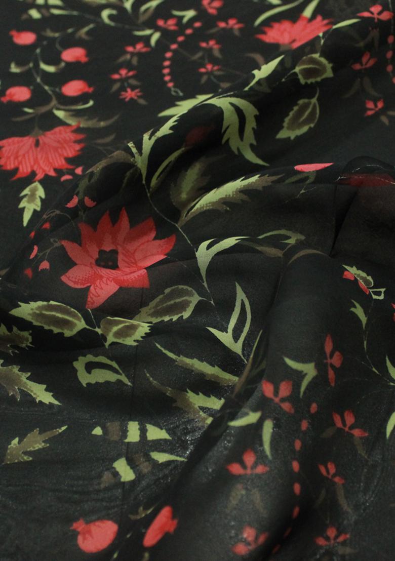 Black Printed Organza Pre Draped Saree Set