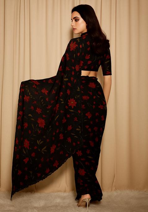 Black Printed Organza Pre Draped Saree Set