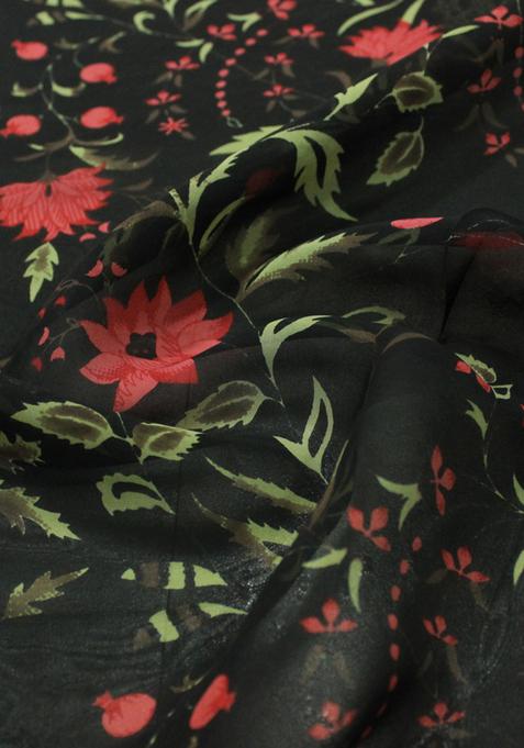 Black Printed Organza Pre Draped Saree Set