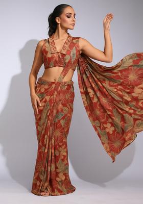 Rust Printed Noori Crepe Pre Draped Saree Set