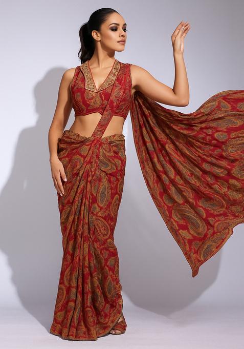 Maroon Printed Noori Crepe Pre Draped Saree Set