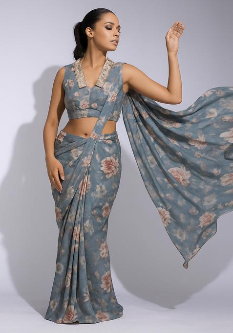 Multicolor Printed Crepe Pre Draped Saree Set