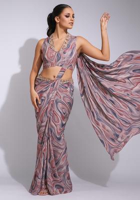 Multicolor Printed Crepe Pre Draped Saree Set