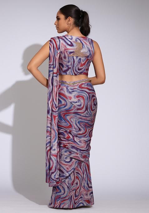 Multicolor Printed Crepe Pre Draped Saree Set