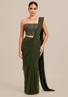 Sage Green Embellished Blouse Georgette Pre Draped Saree Set