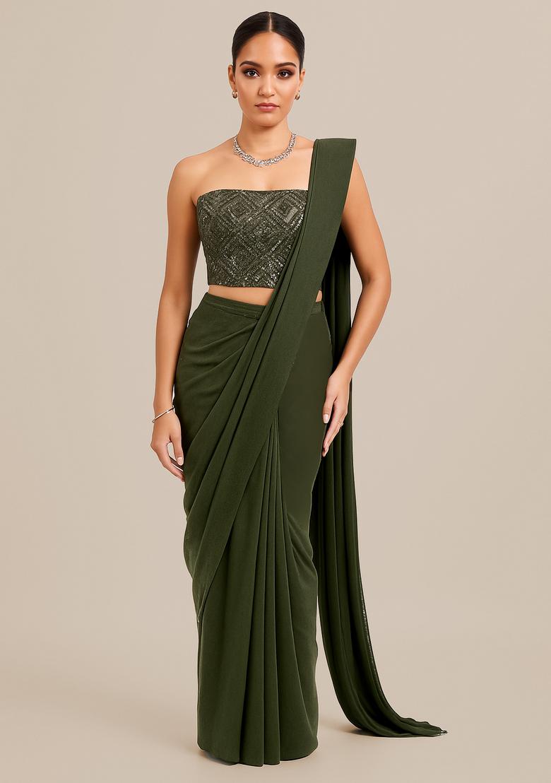 Sage Green Embellished Blouse Georgette Pre Draped Saree Set