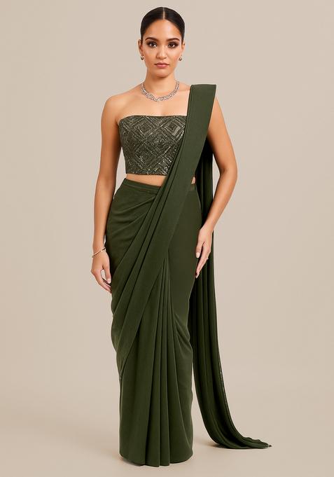 Sage Green Embellished Blouse Georgette Pre Draped Saree Set