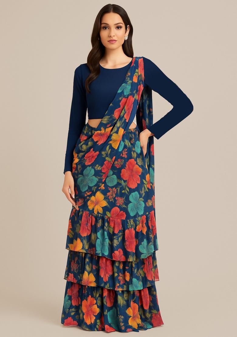 Blue Printed Organza Pre Draped Saree Set