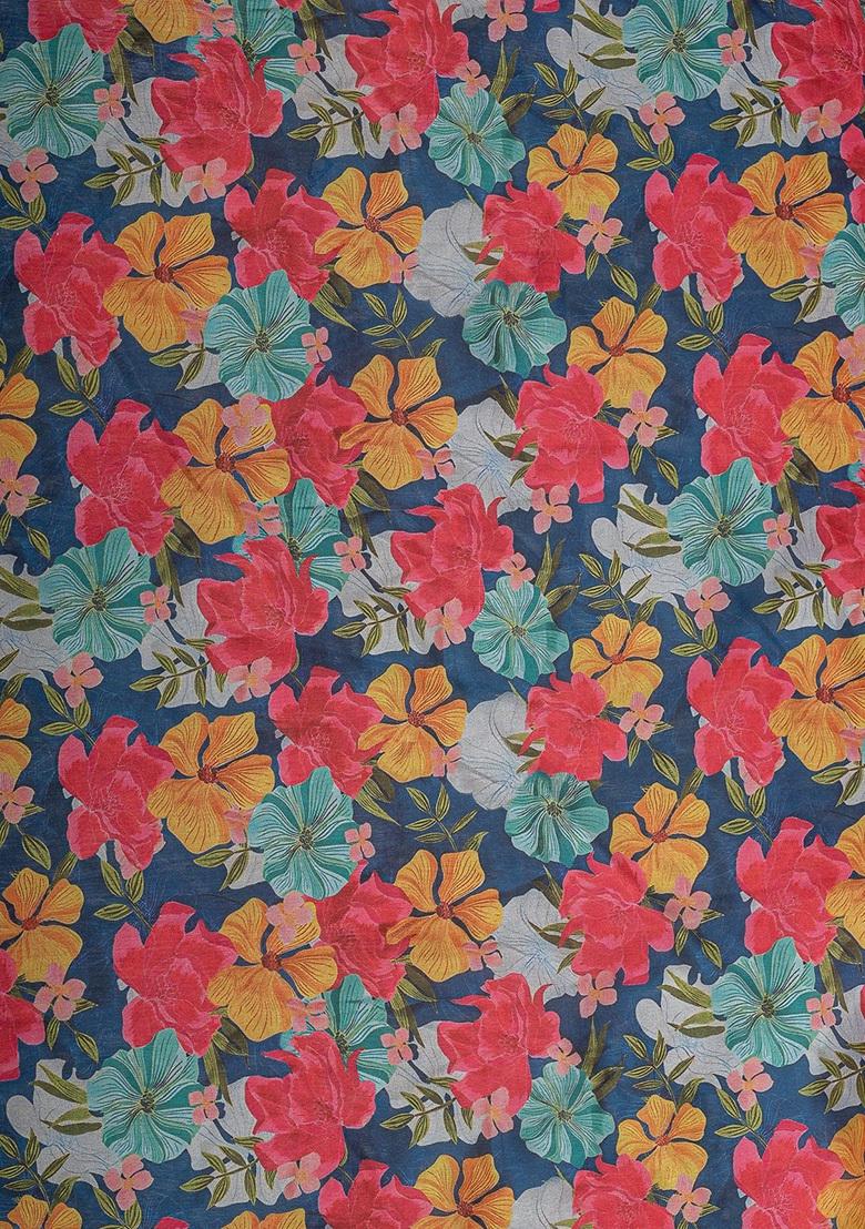 Blue Printed Organza Pre Draped Saree Set