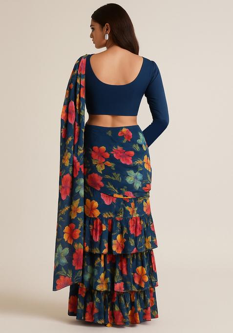 Blue Printed Organza Pre Draped Saree Set