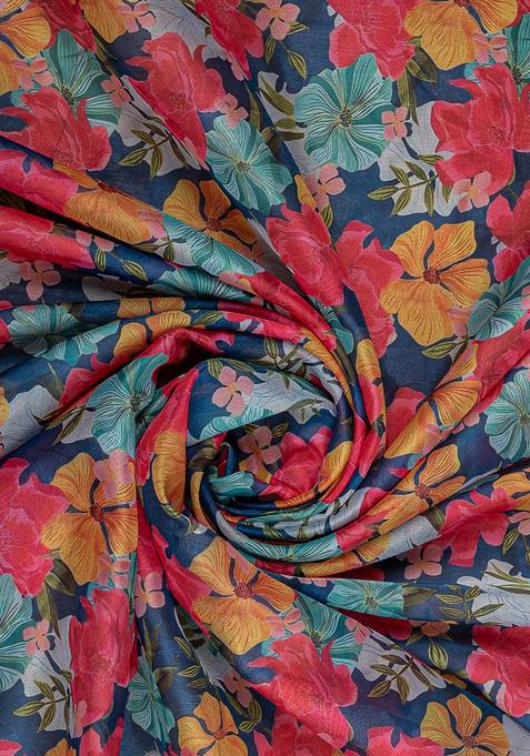 Blue Printed Organza Pre Draped Saree Set