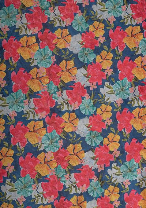 Blue Printed Organza Pre Draped Saree Set