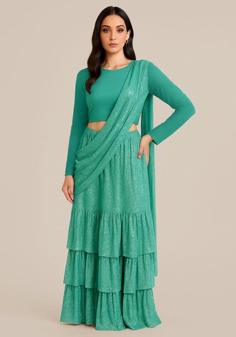 Turquoise Embellished Net Pre Draped Saree Set