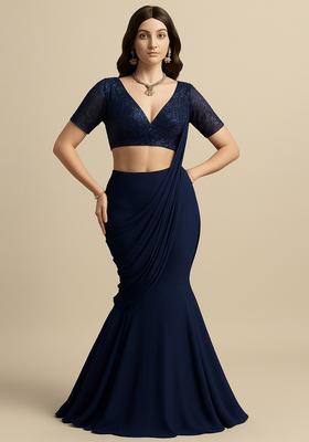Blue Embellished Blouse Georgette Pre Draped Saree Set