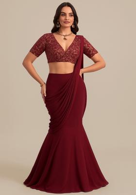 Maroon Embellished Blouse Georgette Pre Draped Saree Set