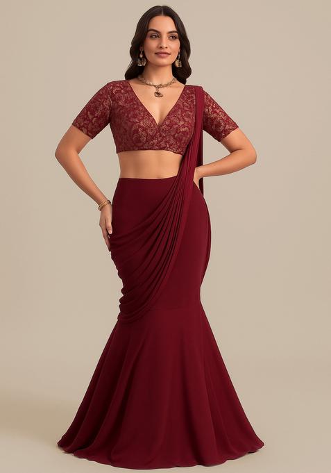 Maroon Embellished Blouse Georgette Pre Draped Saree Set