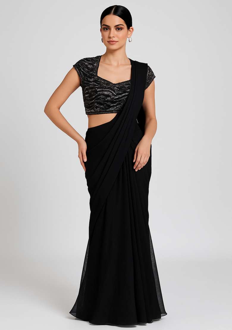 Black Embellished Blouse Georgette Pre Draped Saree Set - Indya