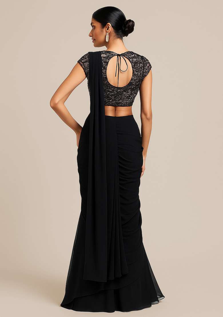 Black Embellished Blouse Georgette Pre Draped Saree Set - Indya
