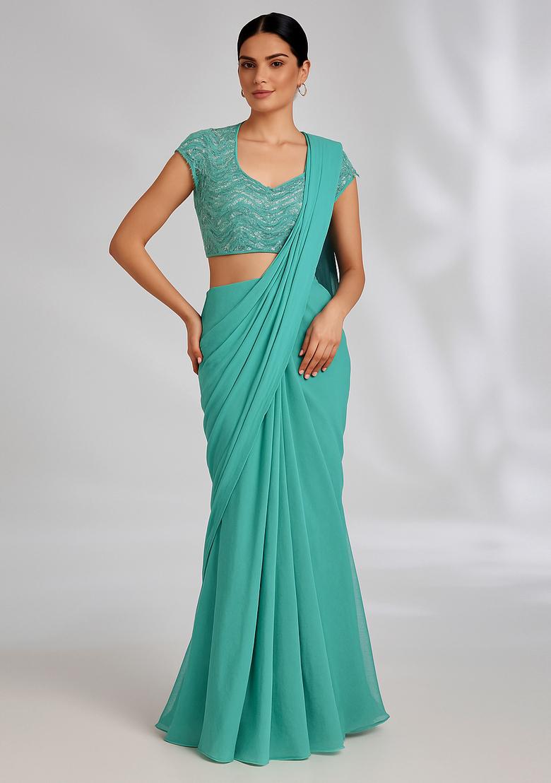 Turquoise Embellished Blouse Georgette Pre Draped Saree Set