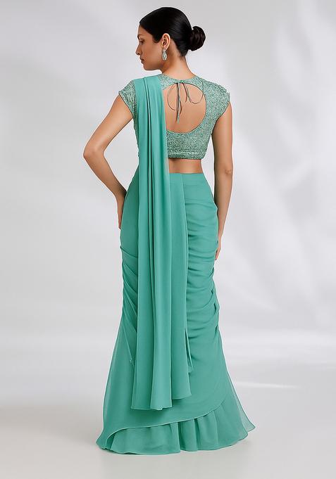 Turquoise Embellished Blouse Georgette Pre Draped Saree Set