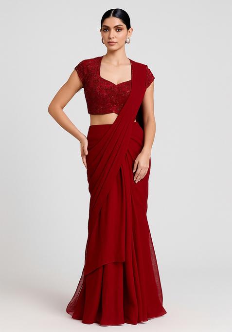 Maroon Embellished Blouse Georgette Pre Draped Saree Set
