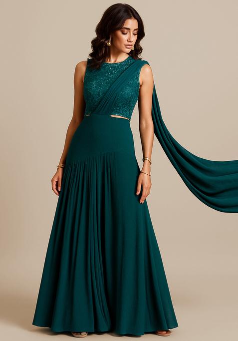 Dark Turquoise Embellished Blouse Georgette Pre Draped Saree Set