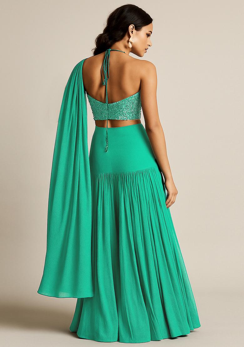 Turquoise Embellished Blouse Georgette Pre Draped Saree Set