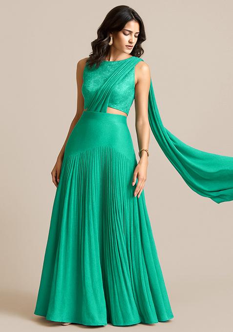 Turquoise Embellished Blouse Georgette Pre Draped Saree Set