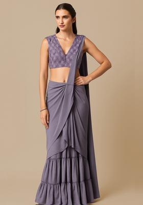 Purple Embroidered Blouse Georgette Pre Draped Saree Set
