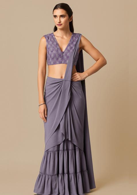 Purple Embroidered Blouse Georgette Pre Draped Saree Set