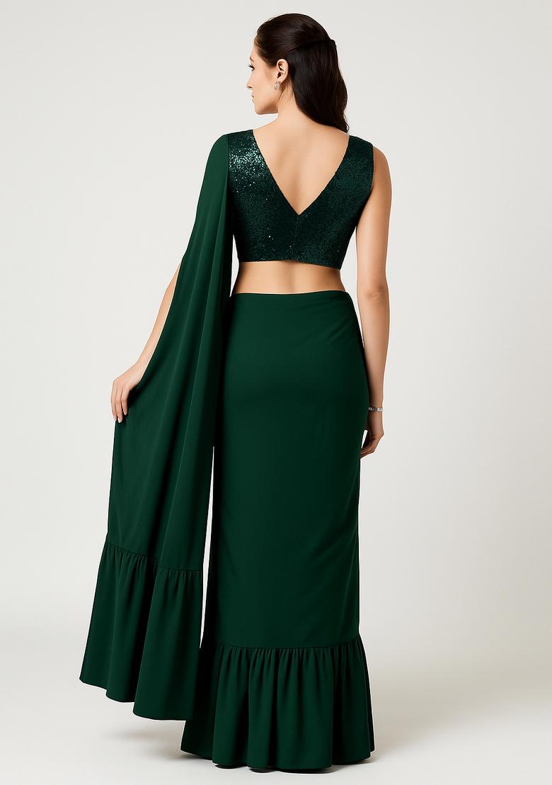 Dark Green Embellished Blouse Georgette Pre Draped Saree Set - Indya