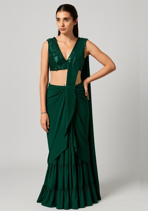 Dark Green Embellished Blouse Georgette Pre Draped Saree Set
