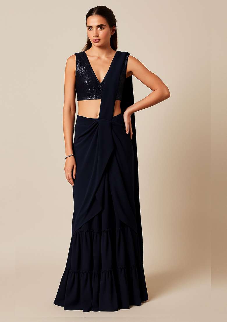 Deep Blue Embellished Blouse Georgette Pre Draped Saree Set for Diwali and Festive Wear - Indya